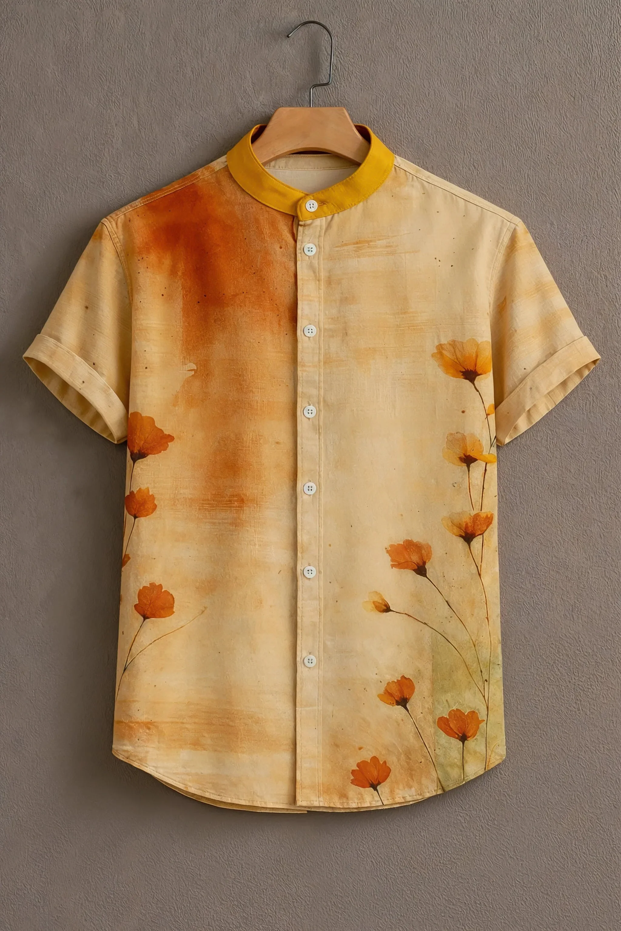 Beige Casual Shirt with Watercolor Floral Print