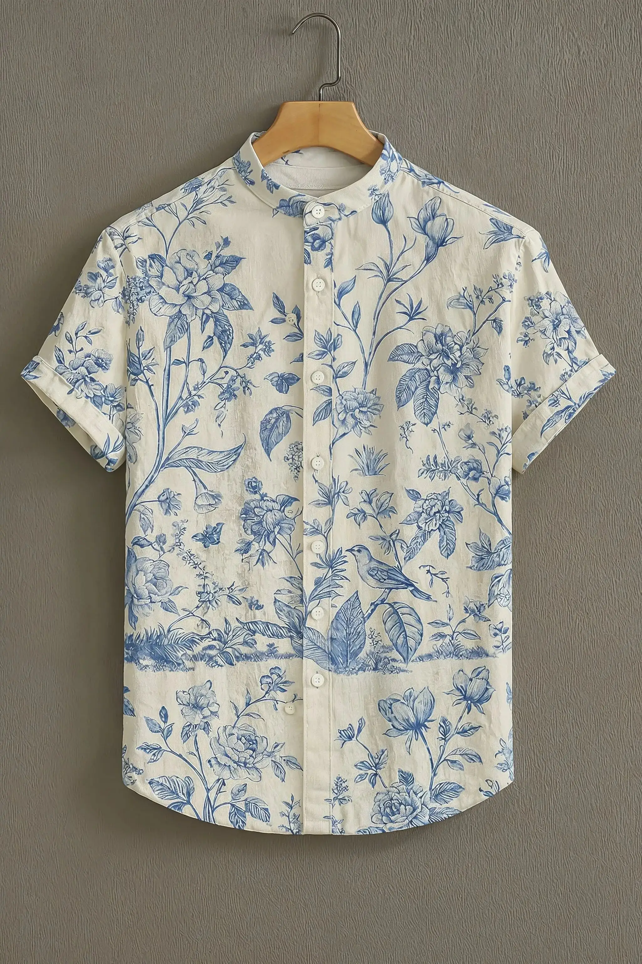 Cream Casual Shirt with Blue Botanical Print