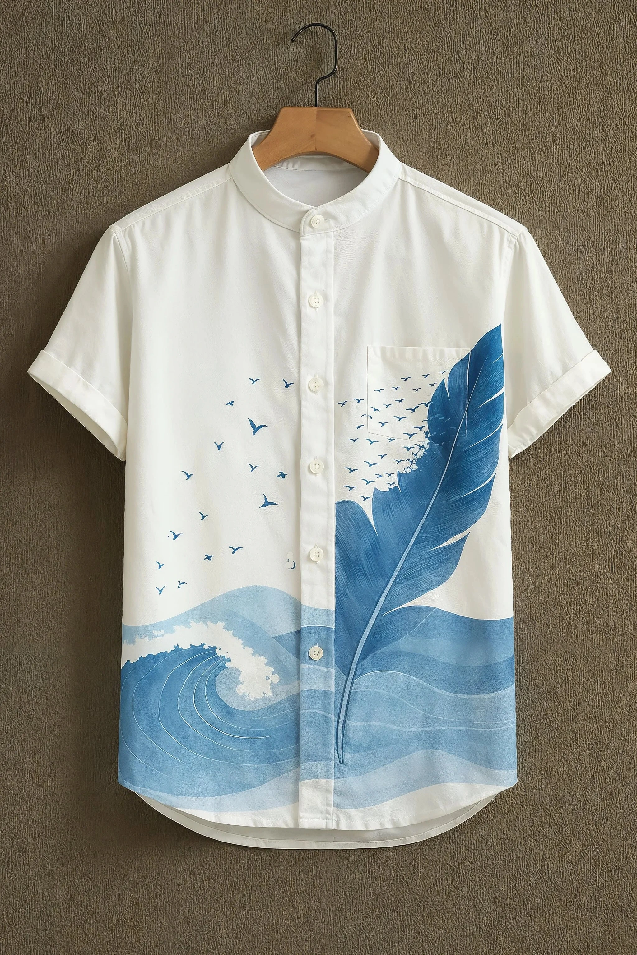 White Casual Shirt with Blue Feather & Wave Print
