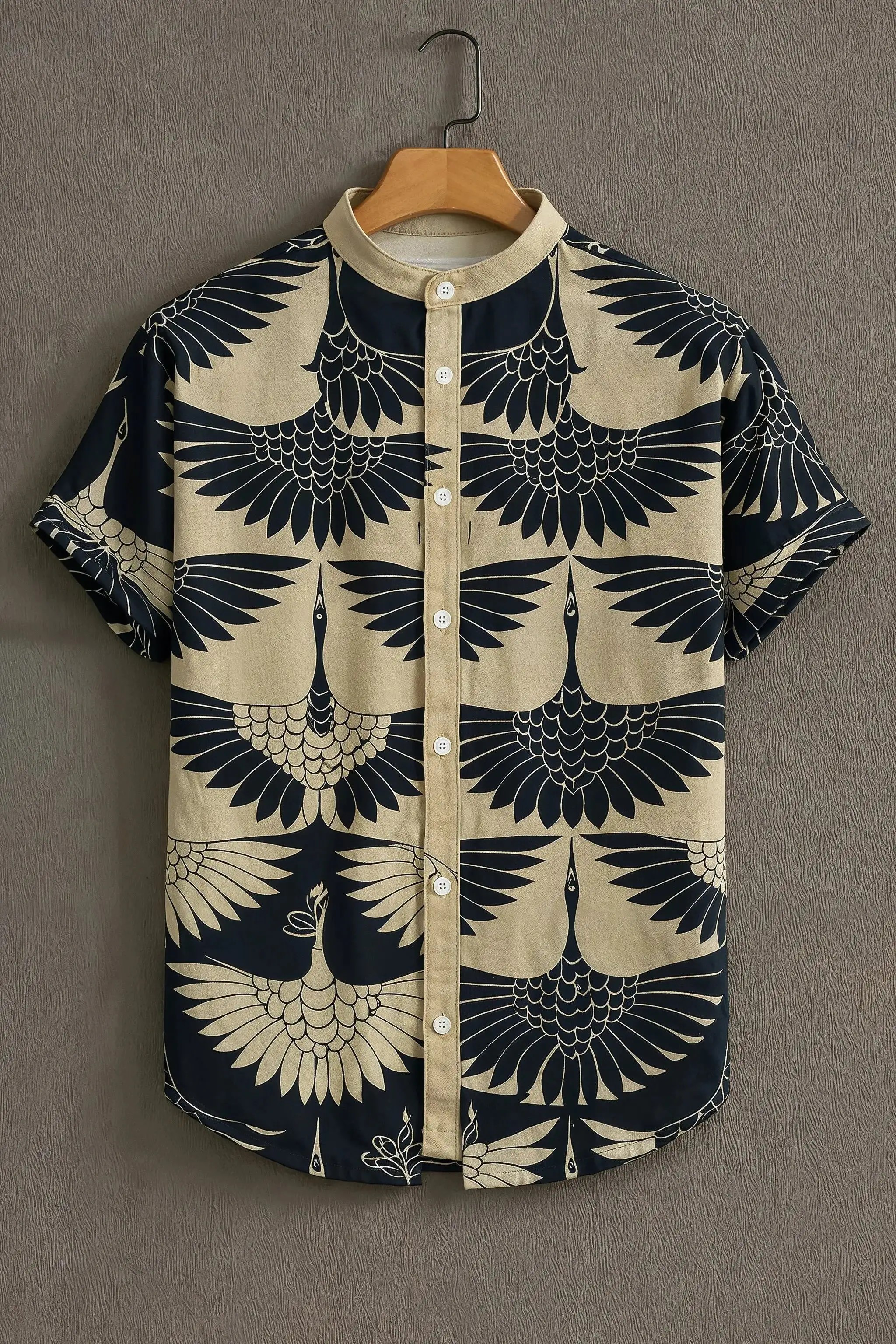 Black Casual Shirt with Crane Print