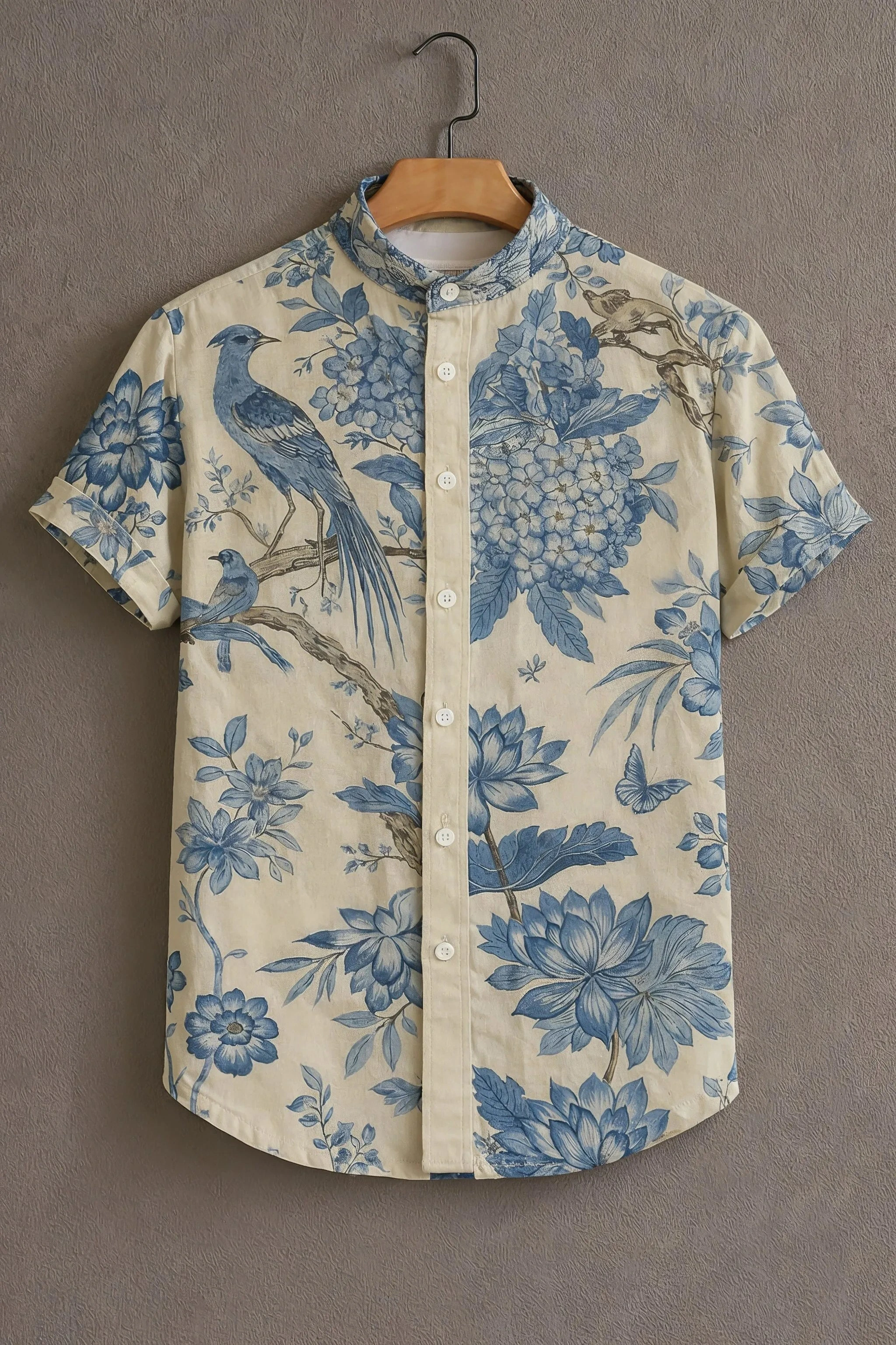 Beige Casual Shirt with Blue Bird & Floral Print