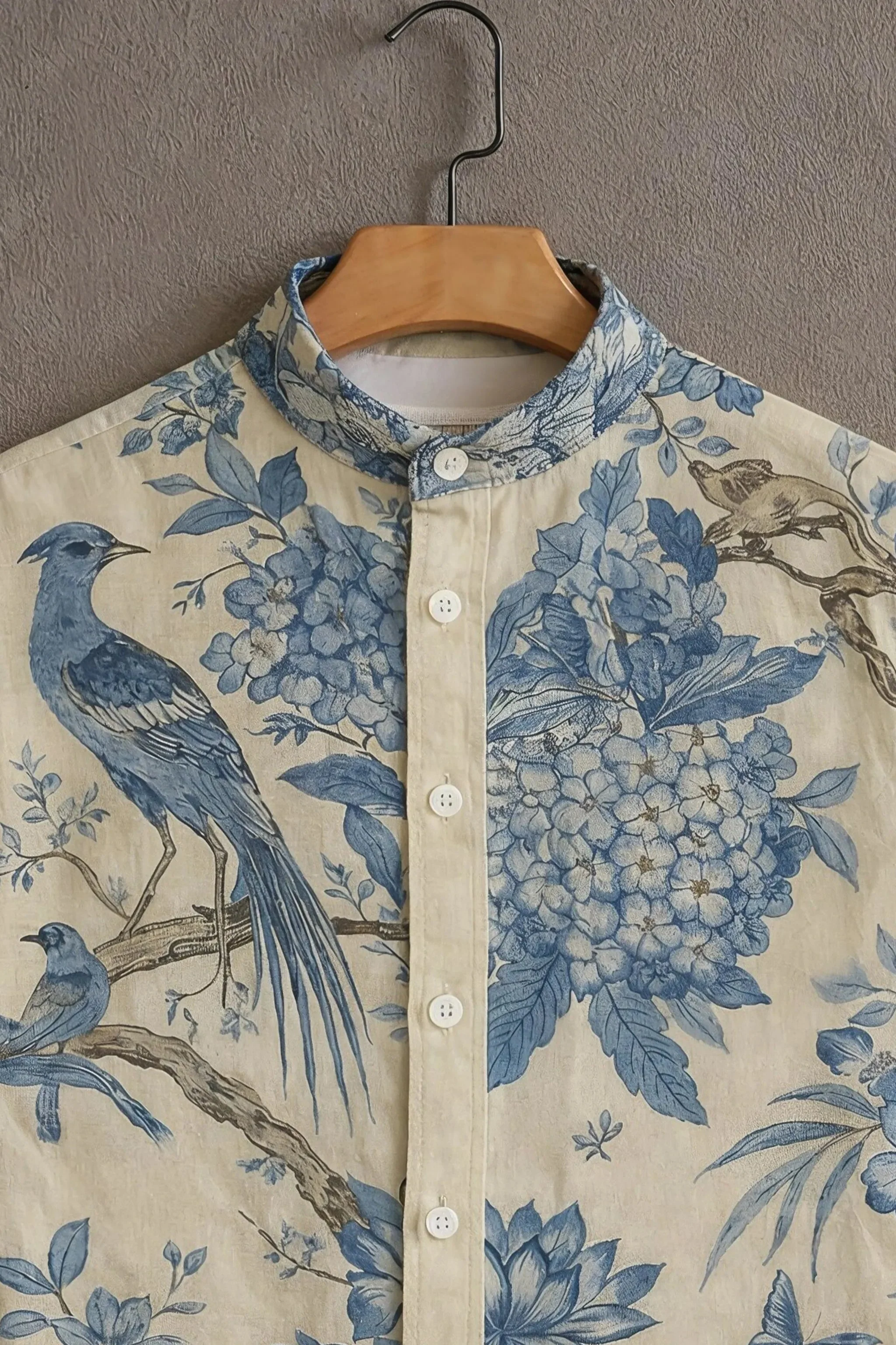 Beige Casual Shirt with Blue Bird & Floral Print - Image 2
