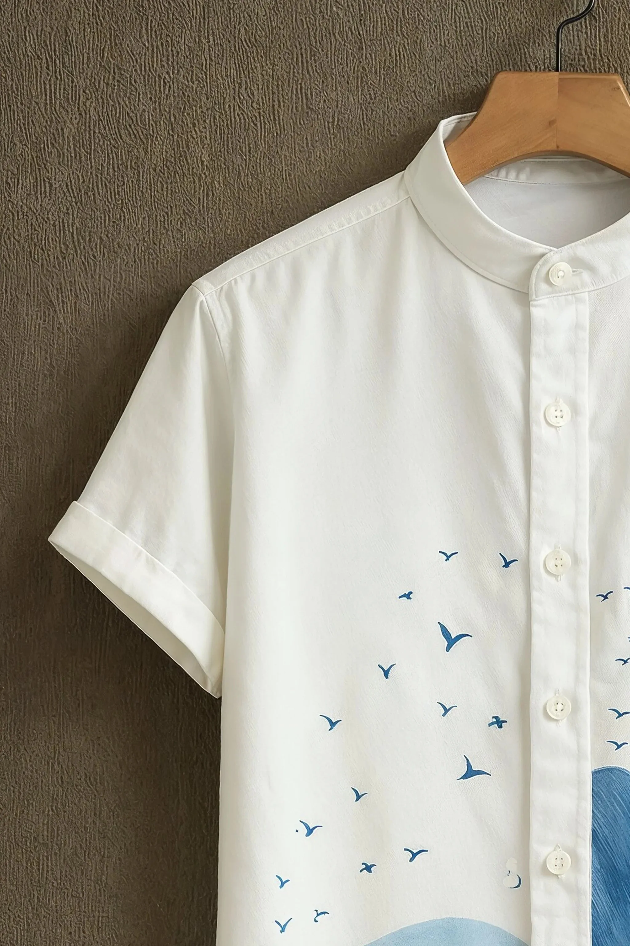 White Casual Shirt with Blue Feather & Wave Print - Image 2