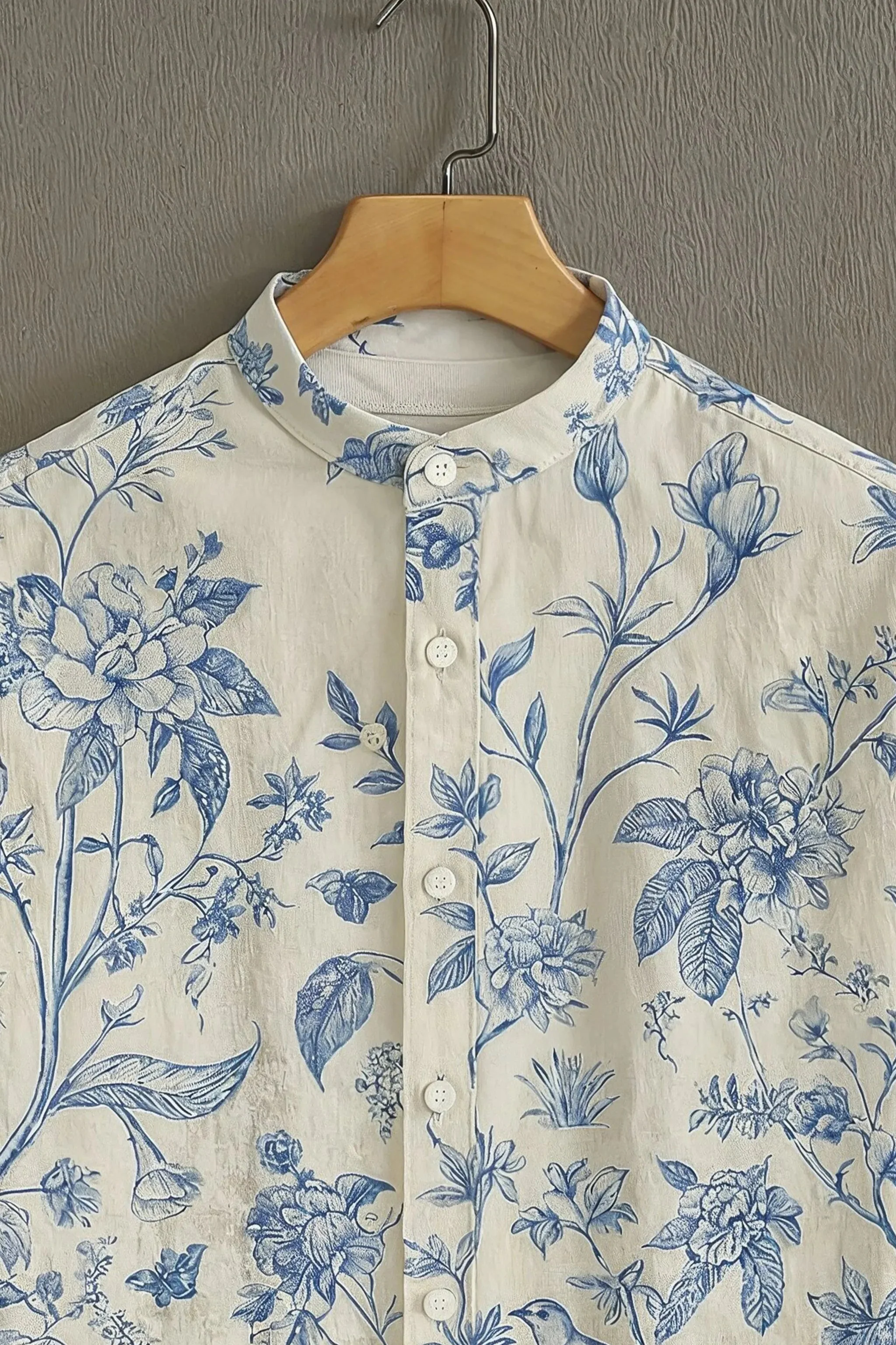 Cream Casual Shirt with Blue Botanical Print - Image 2