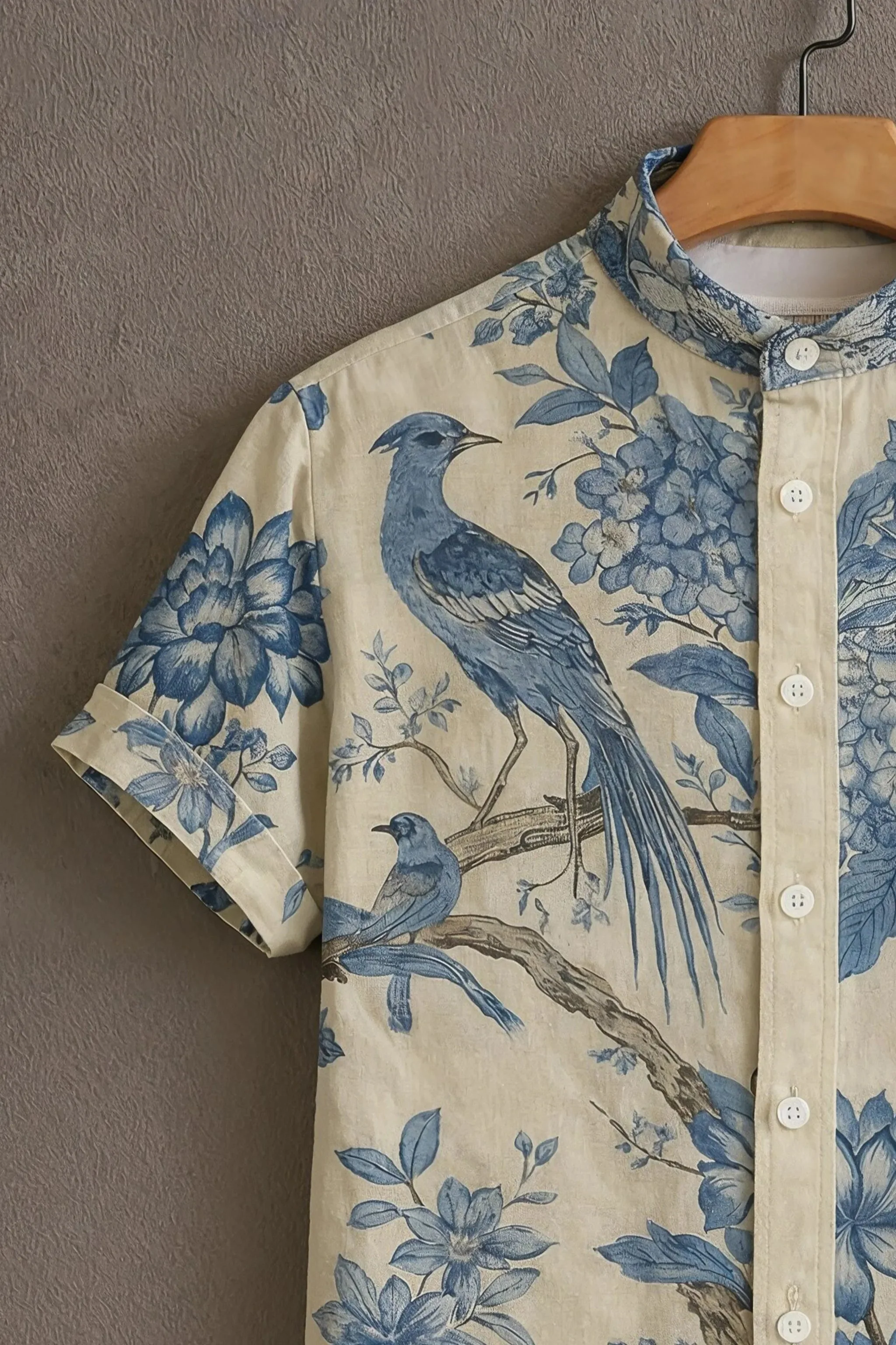Beige Casual Shirt with Blue Bird & Floral Print - Image 3