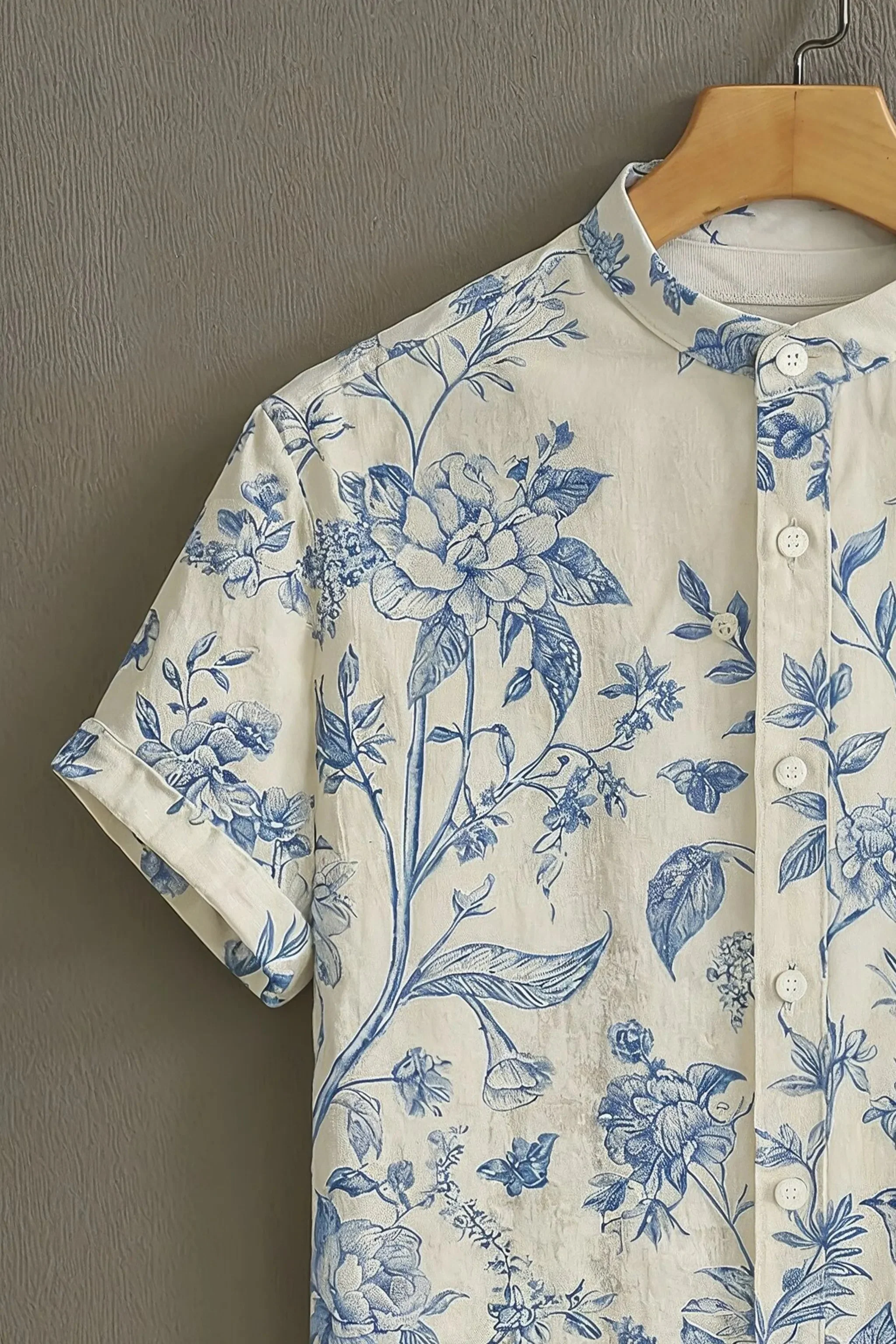 Cream Casual Shirt with Blue Botanical Print - Image 3