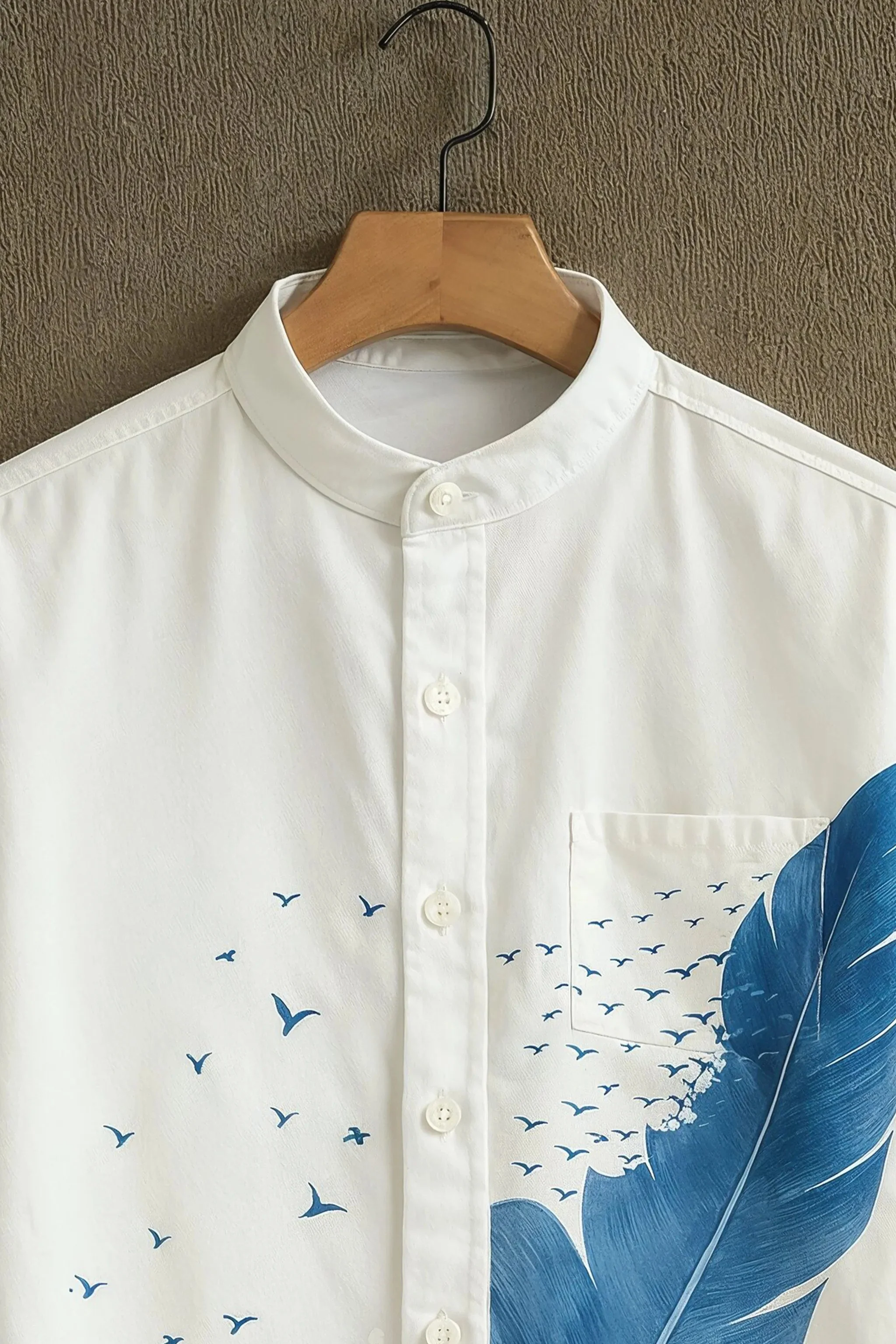 White Casual Shirt with Blue Feather & Wave Print - Image 3